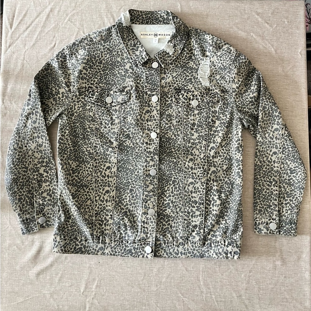 Ashley Mason Distressed Leopard Print Jean Jacket